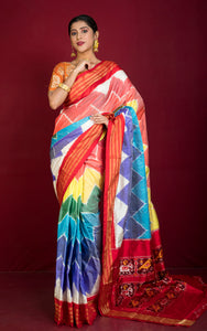 Handwoven Designer Rainbow Ikkat Pochampally Silk Saree in Off White, Red and Multicolored