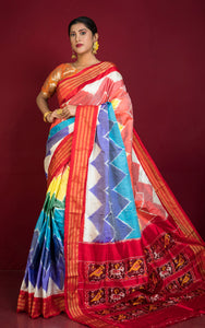 Handwoven Designer Rainbow Ikkat Pochampally Silk Saree in Off White, Red and Multicolored