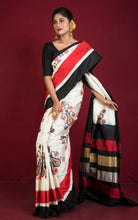 Handwoven Designer Uzbek Ikkat Silk Saree in Off White and Multicolored