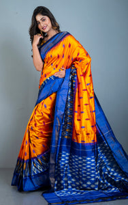 Ikkat Pochampally Silk Saree in Orange, Admiral Blue and Antique White