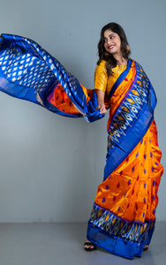 Ikkat Pochampally Silk Saree in Orange, Admiral Blue and Antique White