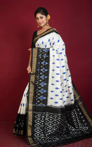 Ikkat Pochampally Silk Saree in Daisy White, Deep Blue and Black