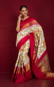 Mahapar Ikkat Pochampally Silk Saree in Off White, Cerise Red and Multicolored