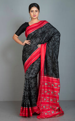 Exclusive Twill Ikkat Pochampally Silk Saree in Black, Red, Off White and English Green
