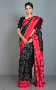 Exclusive Twill Ikkat Pochampally Silk Saree in Black, Red, Off White and English Green