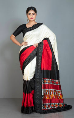 Handwoven Ikkat Pochampally Silk Saree in Off White, Black, Red and Amber
