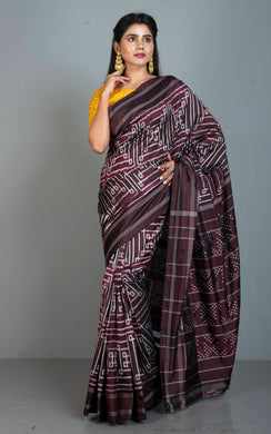 Exclusive Twill Ikkat Pochampally Silk Saree in Dark Mahogany Brown and Off White
