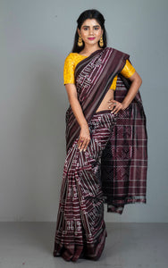 Exclusive Twill Ikkat Pochampally Silk Saree in Dark Mahogany Brown and Off White