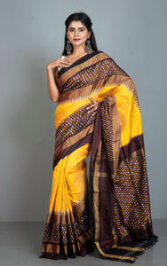 Designer Skirt Border Ikkat Pochampally Silk Saree in Yellow, Mahogany Brown and Silver White