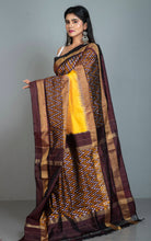 Designer Skirt Border Ikkat Pochampally Silk Saree in Yellow, Mahogany Brown and Silver White