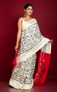Exclusive Twill Ikkat Pochampally Silk Saree with contrast Pallu and Blouse Piece in Off White, Black and Bright Red