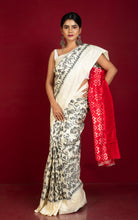 Exclusive Twill Ikkat Pochampally Silk Saree with contrast Pallu and Blouse Piece in Off White, Black and Bright Red