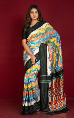 Handwoven Designer Rangkart Ikkat Pochampally Silk Saree in Off White, Black, Dark Green and Multicolored
