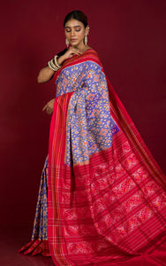 Exclusive Madathasu Ikkat Pochampally Silk Saree in Purplish Blue, Red, Amber Yellow, Off White and Black