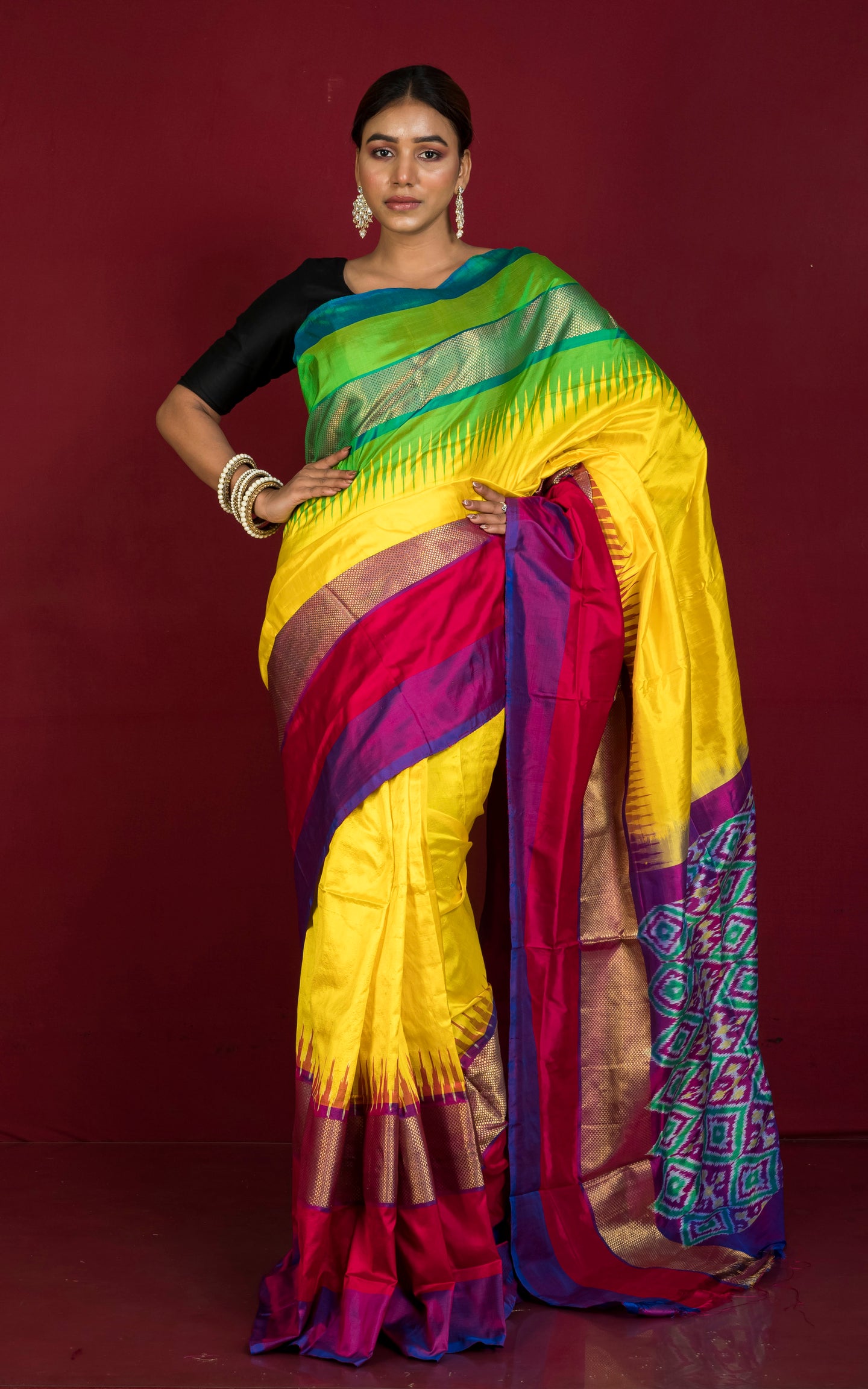 Designer Skirt Border Ikkat Pochampally Silk Saree in Bright Yellow and Multicolored