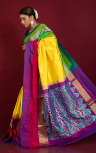 Designer Skirt Border Ikkat Pochampally Silk Saree in Bright Yellow and Multicolored