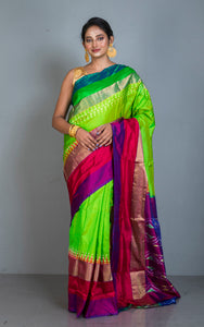 Designer Skirt Border Ikkat Pochampally Silk Saree in Natural Green and Multicolored