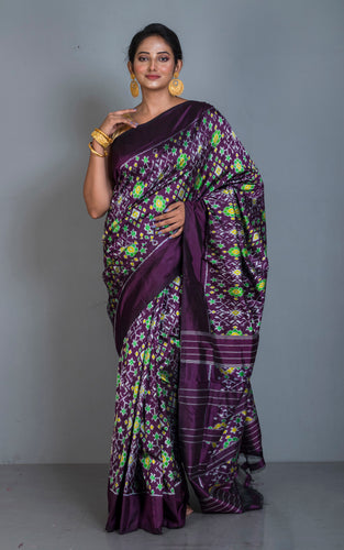 Exclusive Madathasu Ikkat Pochampally Silk Saree in Royal Purple, Red, Golden Yellow, Off White and Bright Green