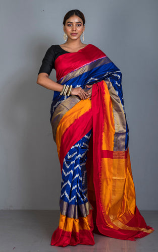 Designer Skirt Border Ikkat Pochampally Silk Saree in Admiral Blue, Off White,Red, Fire Orange and Antique Gold