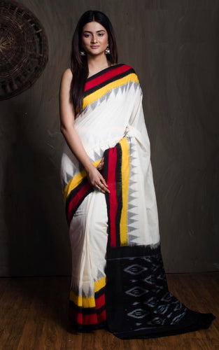 Soft Mercerized Cotton Ikkat Pochampally Saree in Off White, Black, Red and Yellow