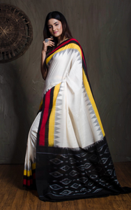 Soft Mercerized Cotton Ikkat Pochampally Saree in Off White, Black, Red and Yellow
