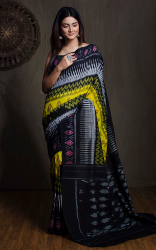 Soft Mercerized Cotton Ikkat Pochampally Saree in Black, Off White, Red and Bright Yellow