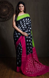 Soft Mercerized Cotton Ikkat Pochampally Saree in Black, Hot Pink, Green and Off White