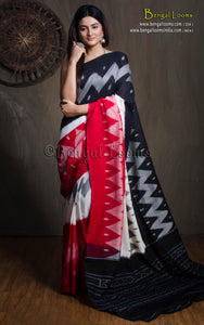 Soft Mercerized Cotton Ikkat Pochampally Saree in Black, Off White and Red