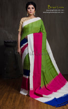 Soft Mercerized Cotton Ikkat Pochampally Saree in Green, Deep Pink, Royal Blue and Off White