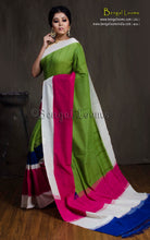 Soft Mercerized Cotton Ikkat Pochampally Saree in Green, Deep Pink, Royal Blue and Off White