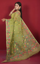 Premium Quality Hand Woven Floral Nakshi Work Muslin Silk Dhakai Jamdani Saree in Pista Green, Hot Pink and Multicolored Minakari Thread Work