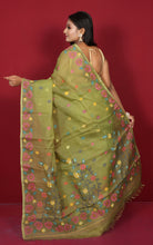 Premium Quality Hand Woven Floral Nakshi Work Muslin Silk Dhakai Jamdani Saree in Pista Green, Hot Pink and Multicolored Minakari Thread Work