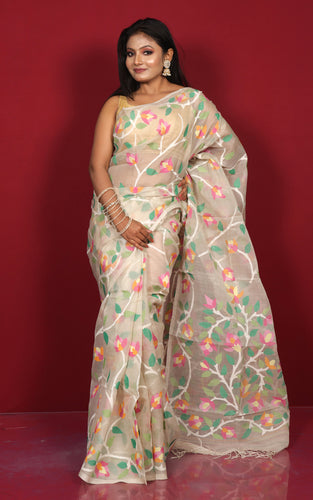 Premium Quality Hand Woven Floral Jaal Nakshi Work Muslin Silk Dhakai Jamdani Saree in Ivory, Off White and Multicolored Minakari Thread Work