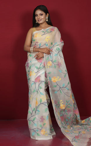 Premium Quality Hand Woven Floral Jaal Nakshi Work Muslin Silk Dhakai Jamdani Saree in Quill Grey, Black and Multicolored Minakari Thread Work