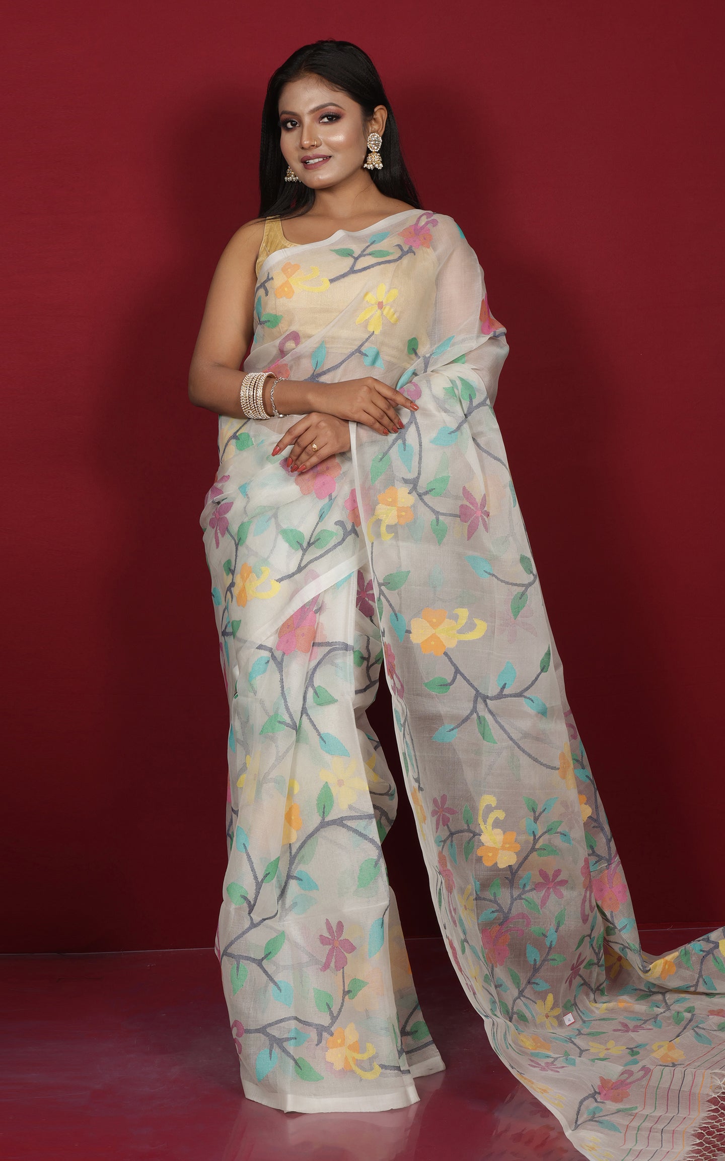 Premium Quality Hand Woven Floral Jaal Nakshi Work Muslin Silk Dhakai Jamdani Saree in Quill Grey, Black and Multicolored Minakari Thread Work