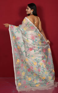 Premium Quality Hand Woven Floral Jaal Nakshi Work Muslin Silk Dhakai Jamdani Saree in Quill Grey, Black and Multicolored Minakari Thread Work