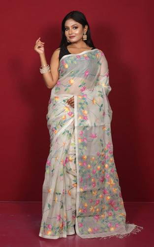 Premium Quality Hand Woven Floral Jaal Nakshi Work Muslin Silk Dhakai Jamdani Saree in Ecru White, Green and Multicolored Minakari Thread Work