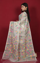 Premium Quality Hand Woven Floral Jaal Nakshi Work Muslin Silk Dhakai Jamdani Saree in Ecru White, Green and Multicolored Minakari Thread Work