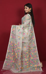 Premium Quality Hand Woven Floral Jaal Nakshi Work Muslin Silk Dhakai Jamdani Saree in Ecru White, Green and Multicolored Minakari Thread Work