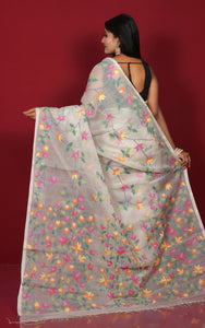 Premium Quality Hand Woven Floral Jaal Nakshi Work Muslin Silk Dhakai Jamdani Saree in Ecru White, Green and Multicolored Minakari Thread Work