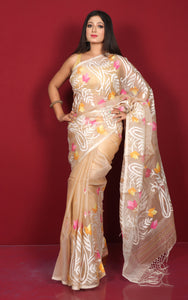 Premium Quality Jangla Jaal Work Muslin Silk Dhakai Jamdani Saree in English Beige, Off White and Multicolored Thread Work