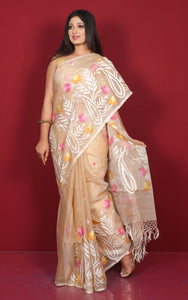 Premium Quality Jangla Jaal Work Muslin Silk Dhakai Jamdani Saree in English Beige, Off White and Multicolored Thread Work