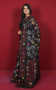 Premium Quality Jangla Jaal Work Muslin Silk Dhakai Jamdani Saree in Black, Red, White and Multicolored Thread Work