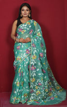 Premium Quality Jangla Jaal Work Muslin Silk Dhakai Jamdani Saree in Sea Green, Off White and Multicolored Thread Work