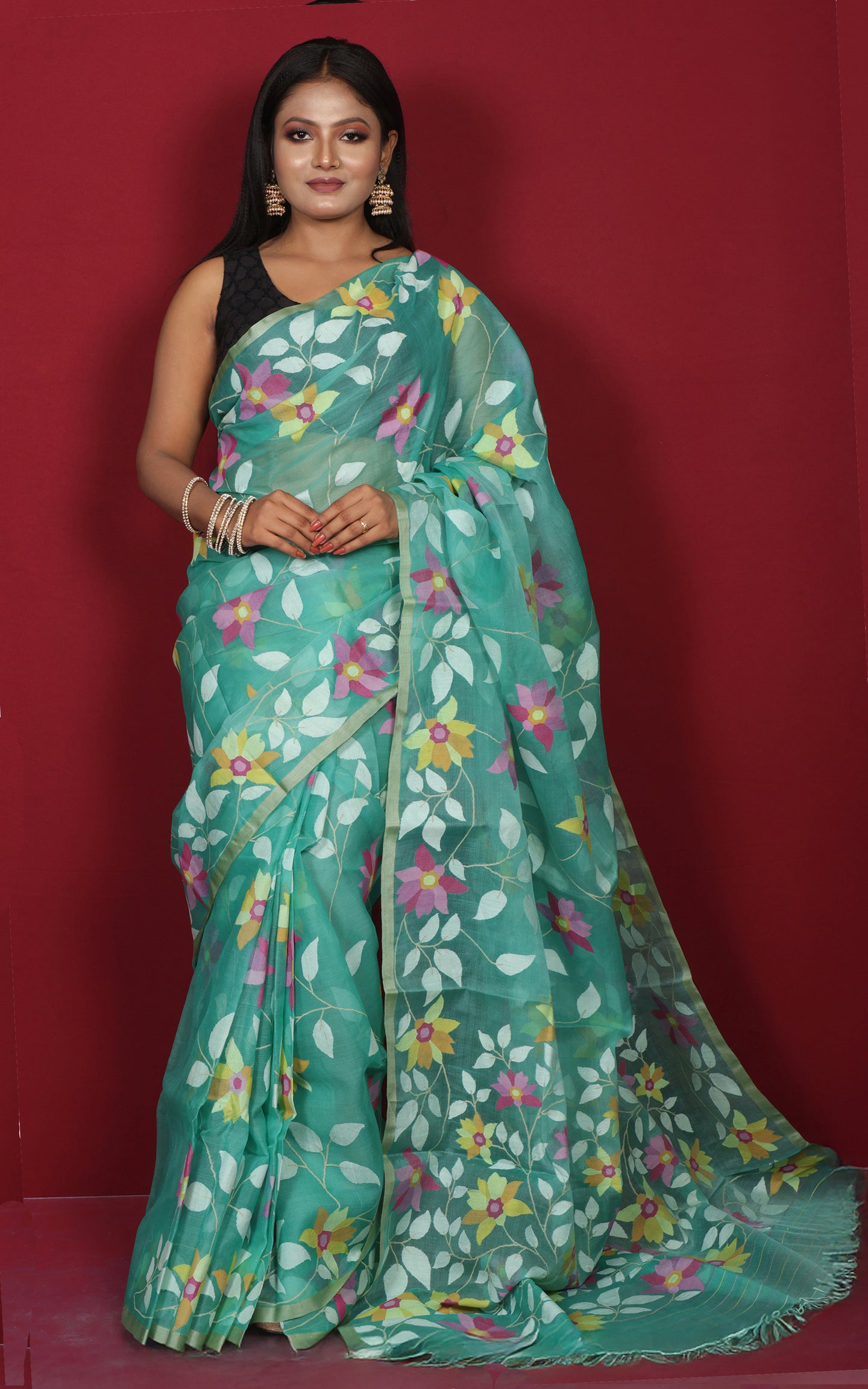 Premium Quality Jangla Jaal Work Muslin Silk Dhakai Jamdani Saree in Sea Green, Off White and Multicolored Thread Work