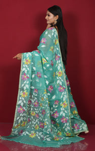 Premium Quality Jangla Jaal Work Muslin Silk Dhakai Jamdani Saree in Sea Green, Off White and Multicolored Thread Work