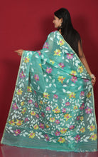 Premium Quality Jangla Jaal Work Muslin Silk Dhakai Jamdani Saree in Sea Green, Off White and Multicolored Thread Work