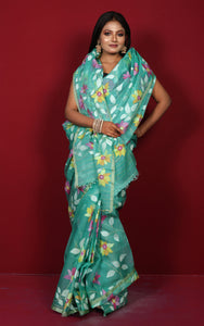 Premium Quality Jangla Jaal Work Muslin Silk Dhakai Jamdani Saree in Sea Green, Off White and Multicolored Thread Work