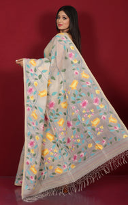 Premium Quality Jangla Jaal Work Muslin Silk Dhakai Jamdani Saree in Antique White and Multicolored Thread Work