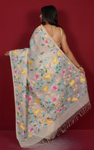 Premium Quality Jangla Jaal Work Muslin Silk Dhakai Jamdani Saree in Antique White and Multicolored Thread Work